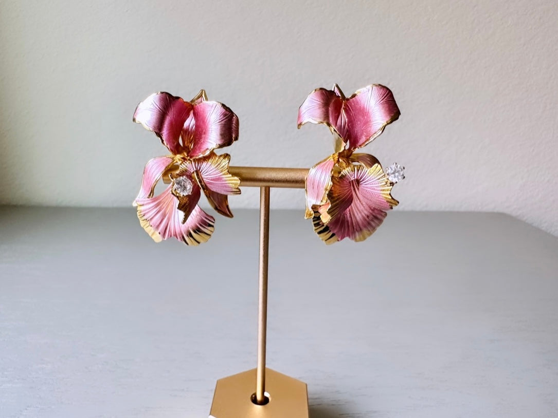 Pink Orchid Earrings, 1982 Cerritos Pearlized Pink Enamel Gold Flower Earrings, Whimsical Feminine Floral Earrings, Faerie Fantasy Clip Ons