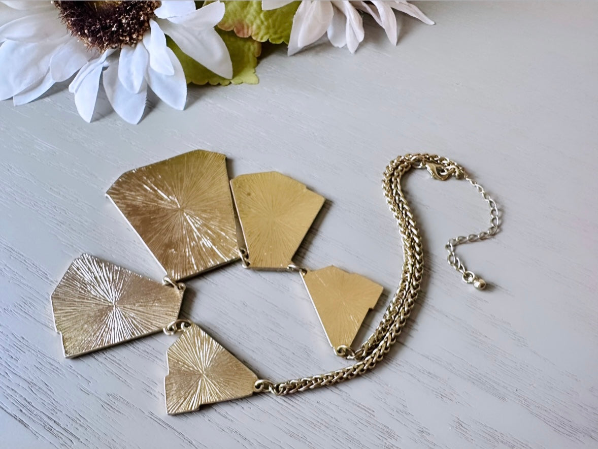 Funky Vintage Necklace, Cream Enamel and Gold Geometric Articulated Bib Necklace, Retro 1970s Fashion Jewelry, Cool Vintage Necklace