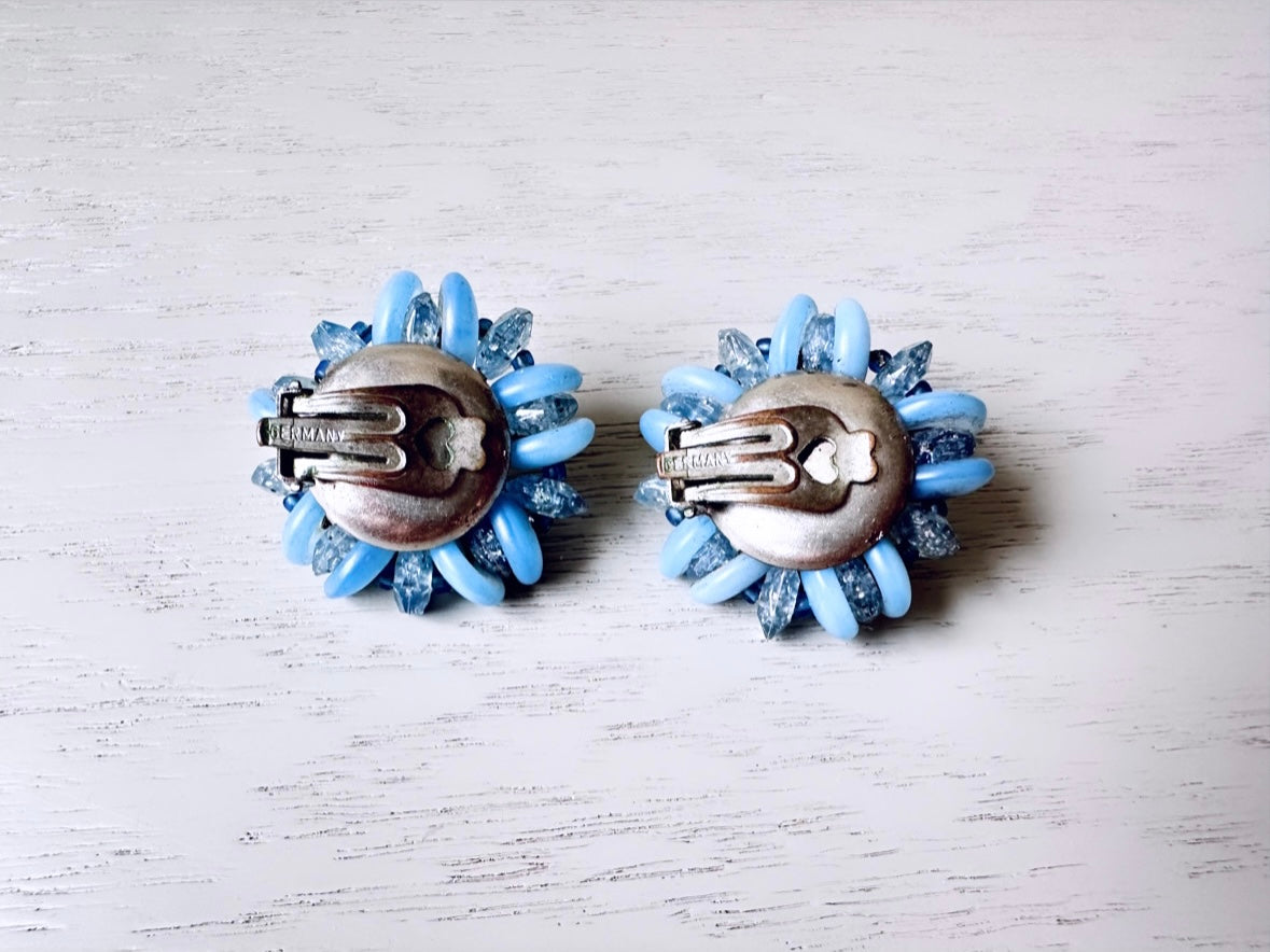Unique Blue Beaded Cluster Earrings, Made in Germany Textured Faceted Acrylic & Glass Vintage Earrings, Stunning Ice 1960s Clip On Earrings