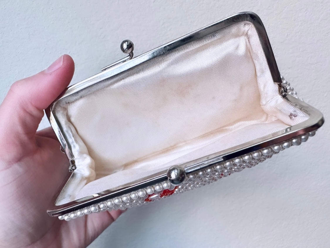 Beaded 1950's Small Vintage Coin Purse Wallet, Cream Pearls Orange Red Seed Beads, Floral Double Sided Small Purse Pouch, Small Bridal Clutch