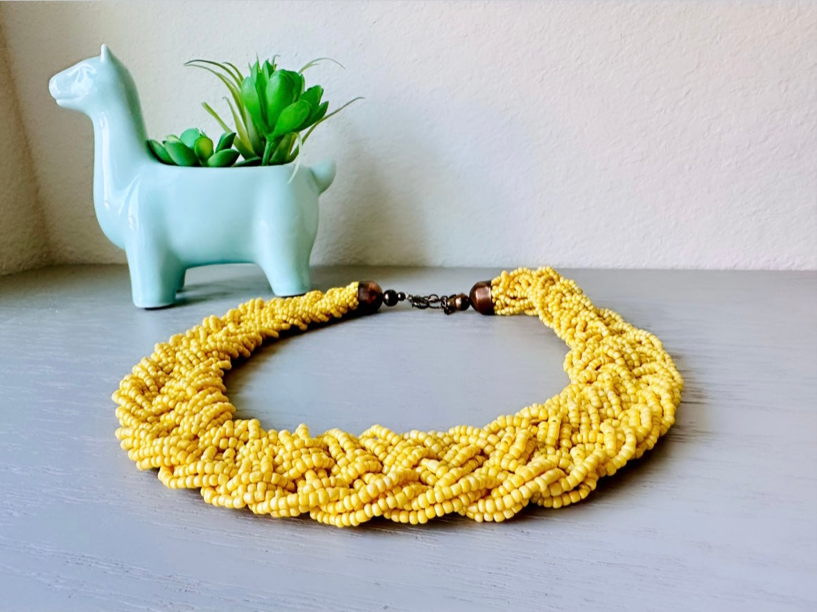 Bright Yellow Vintage Seed Bead Necklace, Yellow Statement Necklace, Braided Bead Necklace, Beaded Bib Necklace, Sunny Yellow Braid Necklace