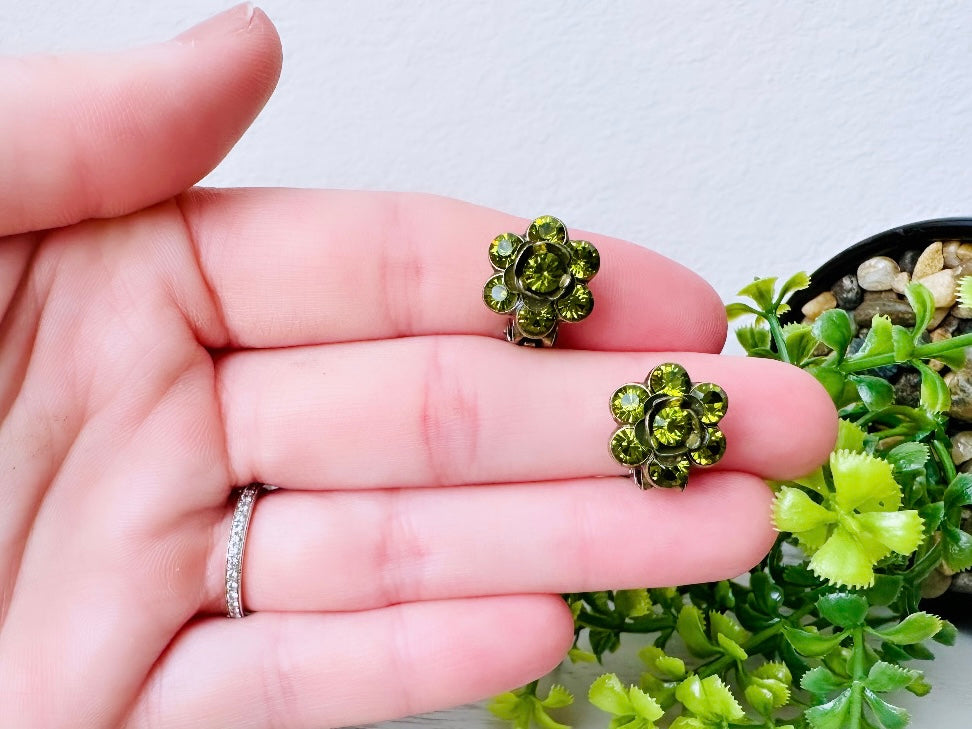 Dainty Green Vintage Rhinestone Earrings, 1960's Olivine Crystal Clip On Earrings, Antique Bronze Setting, Understated Elegant True Vintage