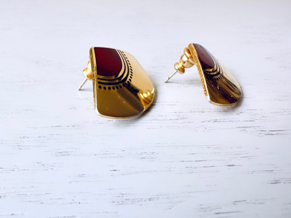 Vintage Laurel Burch Fuji Fan Earrings, Gold Fan Studs with Red & Black Enamel, Vintage 1980s Laurel Burch Fan Pierced Earrings