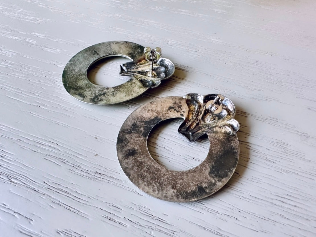 Mint and Silver Vintage 1970's Earrings, Circle Hoop Post Earrings Geometric Opaque Enamel Earrings, Interesting Cool Pierced Post Earrings