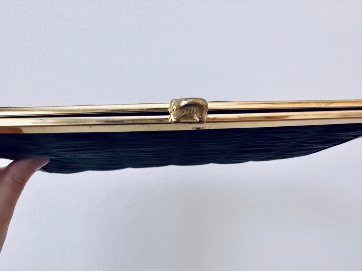 Vintage Black Clutch Handbag, Black Ruched Faux Leather Purse, Retro Mid Century Mod Bag, Black and Gold Chic Evening Purse