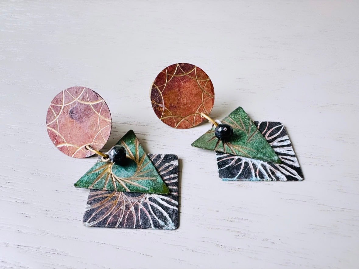 Vintage 1980s Distressed Geometric Earrings, Hammered Circle, Triangle Pierced Post Earrings, Unique Statement Earrings, Earth Tone Neutrals