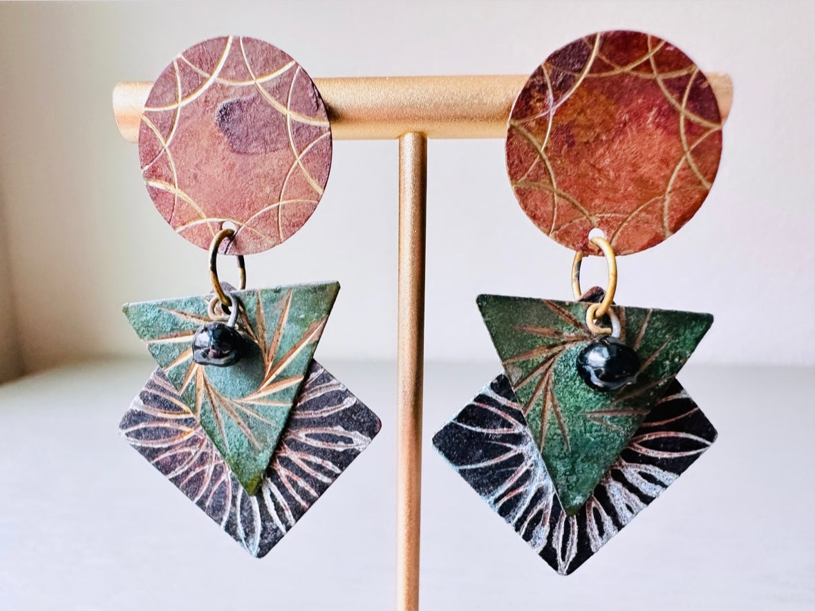 Vintage 1980s Distressed Geometric Earrings, Hammered Circle, Triangle Pierced Post Earrings, Unique Statement Earrings, Earth Tone Neutrals