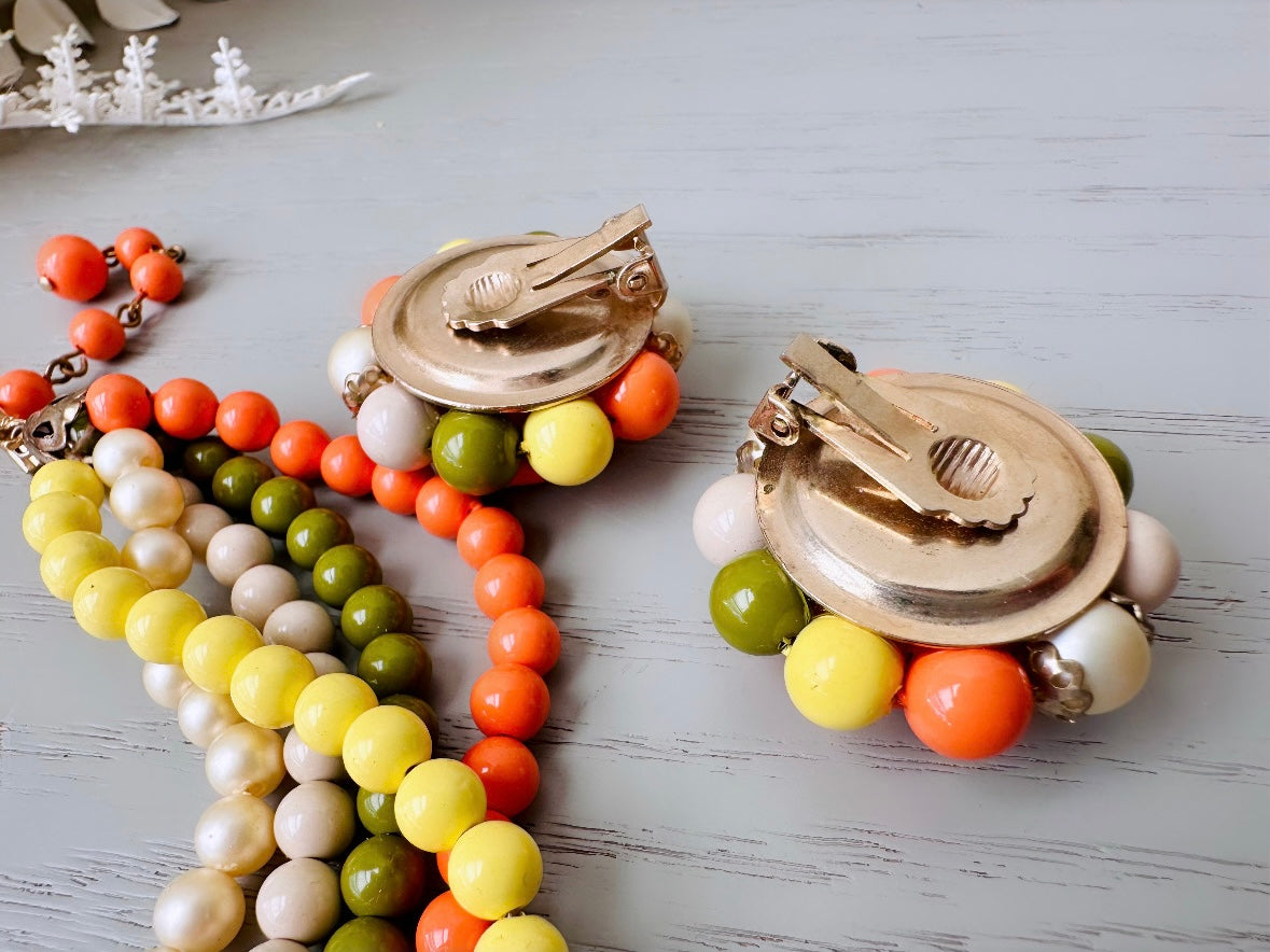 1970s Vintage Necklace & Earring Set, Sunny Yellow, Orange, Avocado Green Retro 70s Five Strand Beaded Necklace with Matching Big Earrings, Authentic Vintage at Piggle and Pop