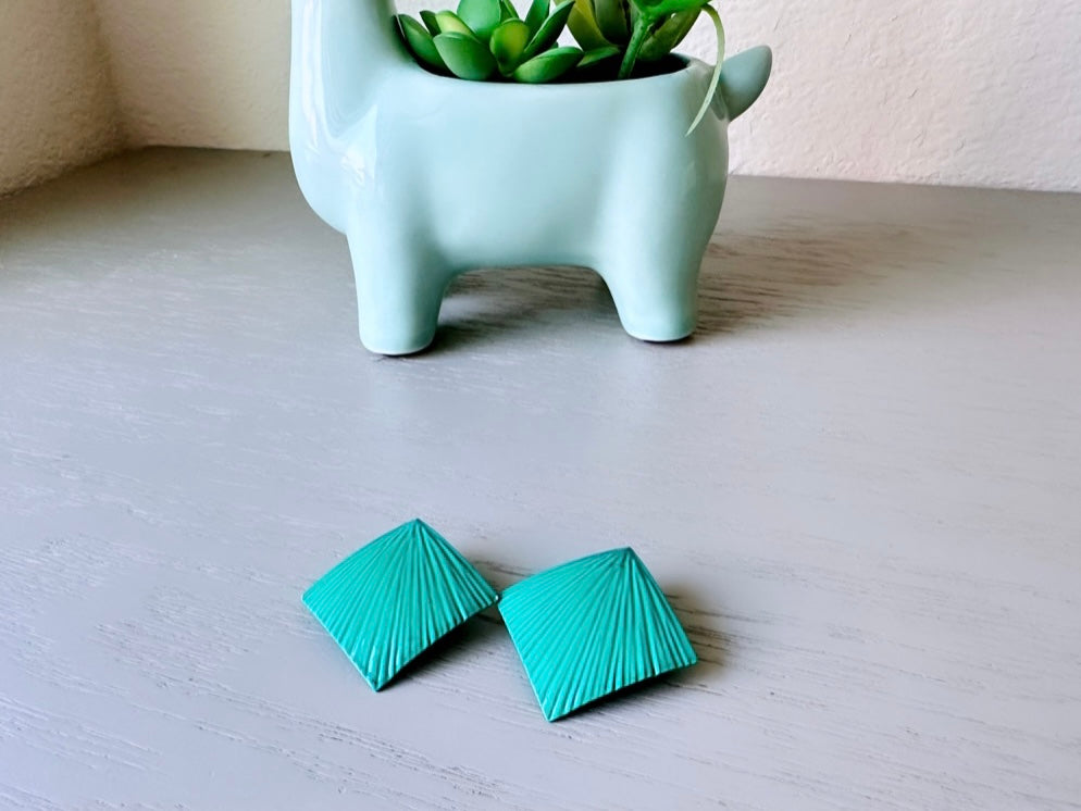 Teal Enamel Earrings, Textured Teal Green Earrings, Funky 1970s Vintage Clip On Earrings, 70's Vintage Fun Colorful Earrings