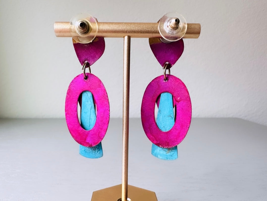 Magenta and Blue Vintage 1980s Distressed Geometric Earrings, Pierced Post Earrings, Unique Statement Earrings, Hot Pink Sky Blue