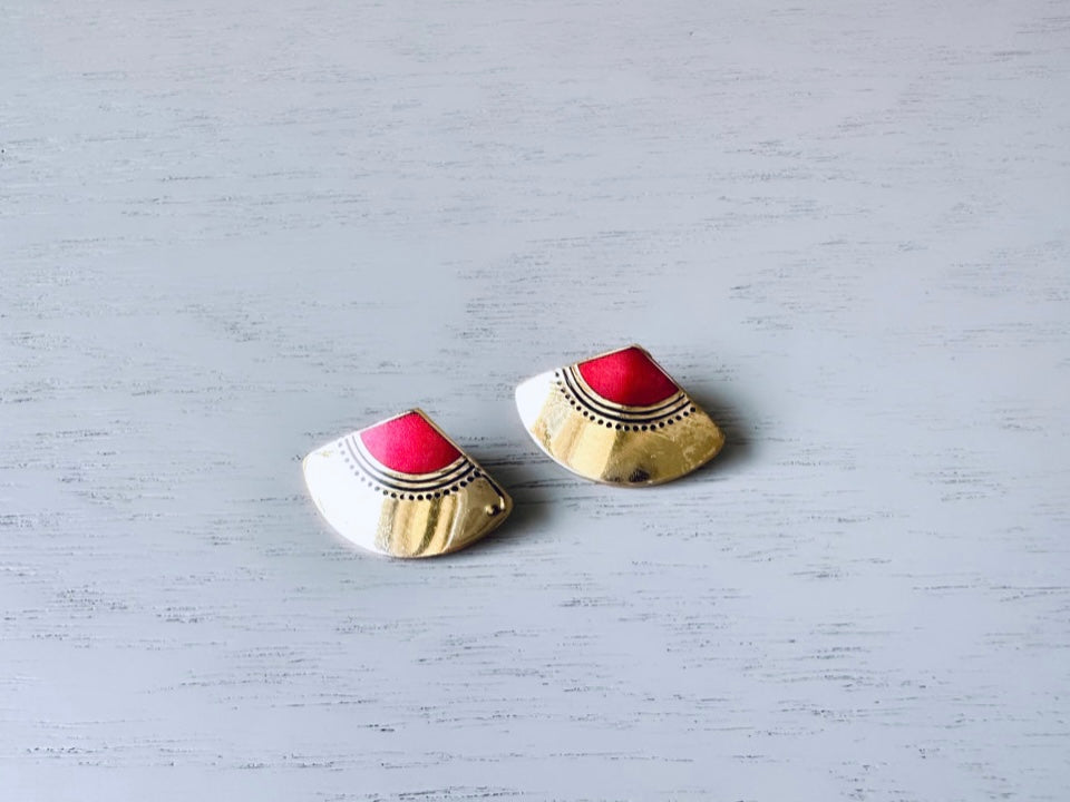 Vintage Laurel Burch Fuji Fan Earrings, Gold Fan Studs with Red & Black Enamel, Vintage 1980s Laurel Burch Fan Pierced Earrings