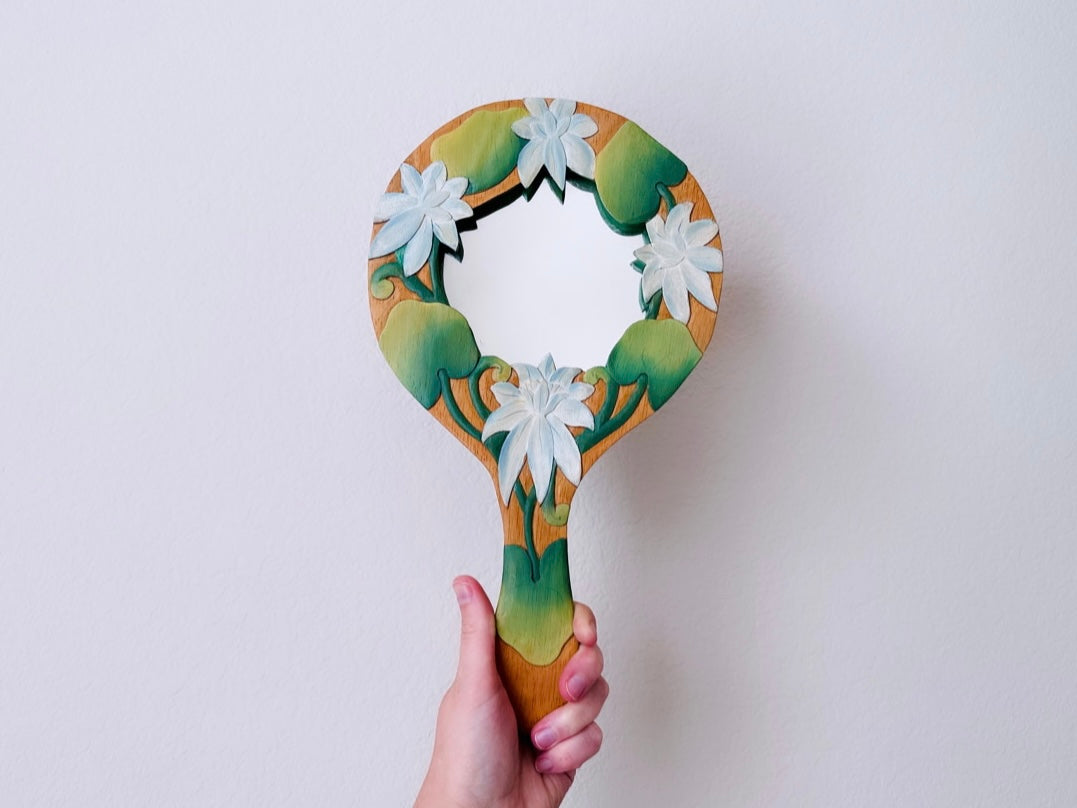 Vintage Hand Carved Floral Painted Ornate Wood Carved, Whimsical Vanity Lady's Hand Held Mirror, White Lily Flower Green Leaf Mirror