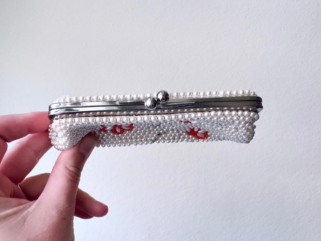 Beaded 1950's Small Vintage Coin Purse Wallet, Cream Pearls Orange Red Seed Beads, Floral Double Sided Small Purse Pouch, Small Bridal Clutch