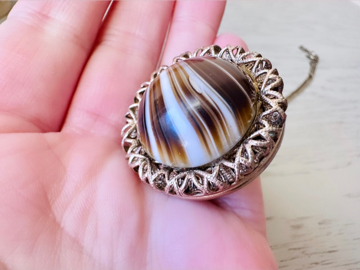 Rare Banded Agate Sphere Locket Necklace, Locket Ball Pendant Necklace, Vintage Gemstone Round Locket, Unique Vintage Ball Locket