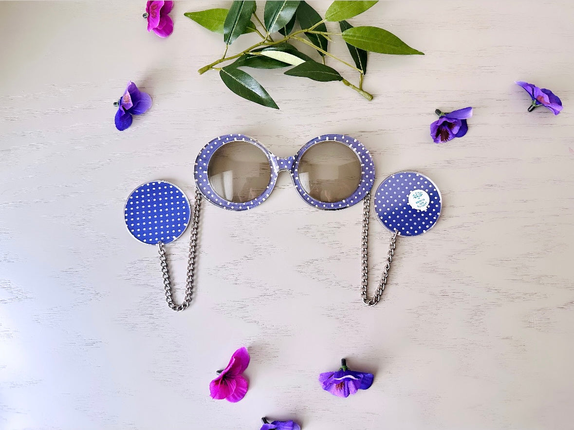 Vintage 70s Je-Dol Sunglasses, Amazing Purple Polkadot Swinging 60s Mod Chain Sunglasses, Authentic 1970's JeDol Deadstock Vintage Sunglasses available at Piggle and Pop.