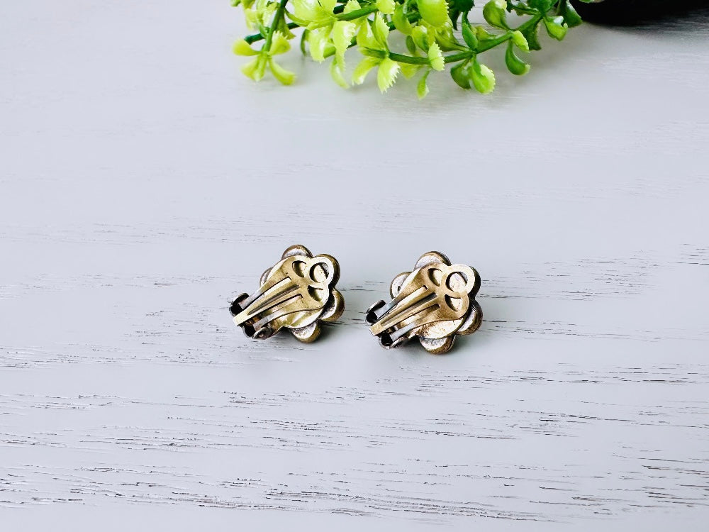 Dainty Green Vintage Rhinestone Earrings, 1960's Olivine Crystal Clip On Earrings, Antique Bronze Setting, Understated Elegant True Vintage