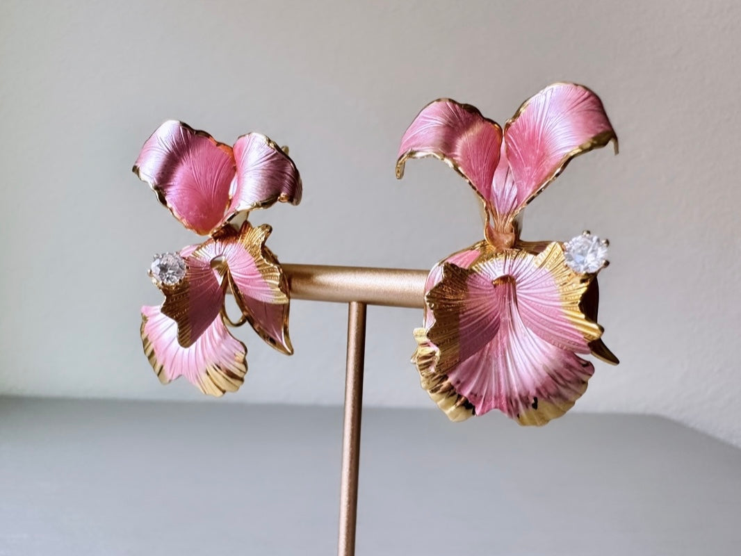 Pink Orchid Earrings, 1982 Cerritos Pearlized Pink Enamel Gold Flower Earrings, Whimsical Feminine Floral Earrings, Faerie Fantasy Clip Ons
