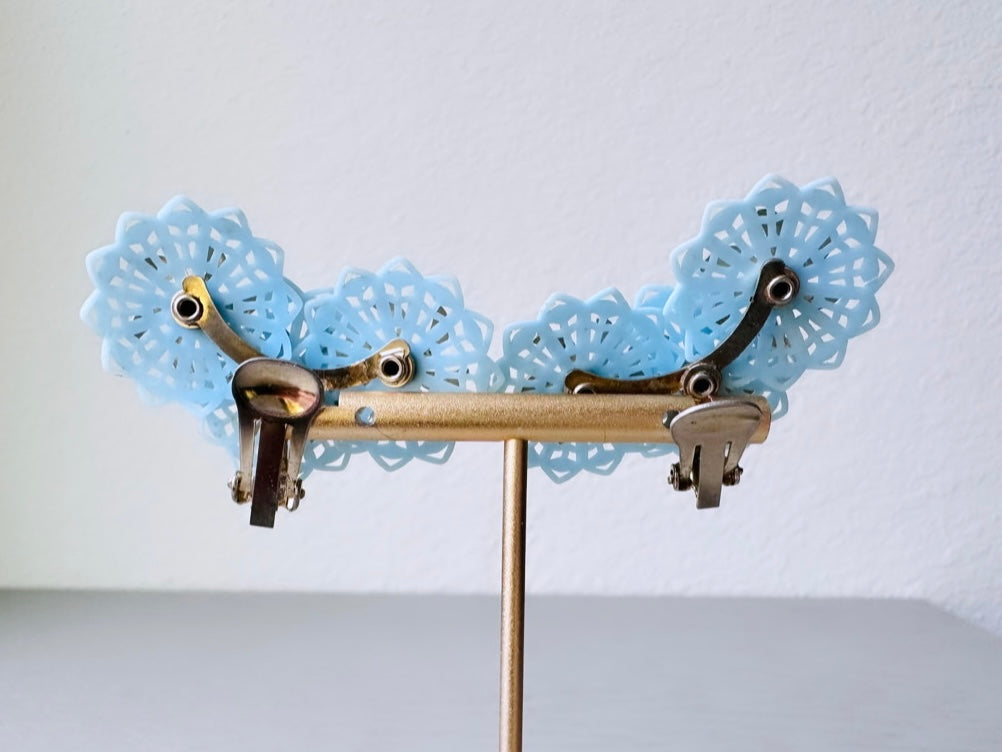 Vintage Blue Celluloid Climber Earrings, Light Blue Plastic Flower Earring with Rhinestone Accents, Dramatic Floral Vintage Clip On Earrings