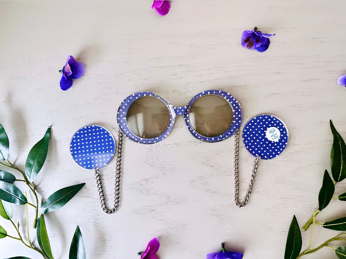 Vintage 70s Je-Dol Sunglasses, Amazing Purple Polkadot Swinging 60s Mod Chain Sunglasses, Authentic 1970's JeDol Deadstock Vintage Sunglasses available at Piggle and Pop.