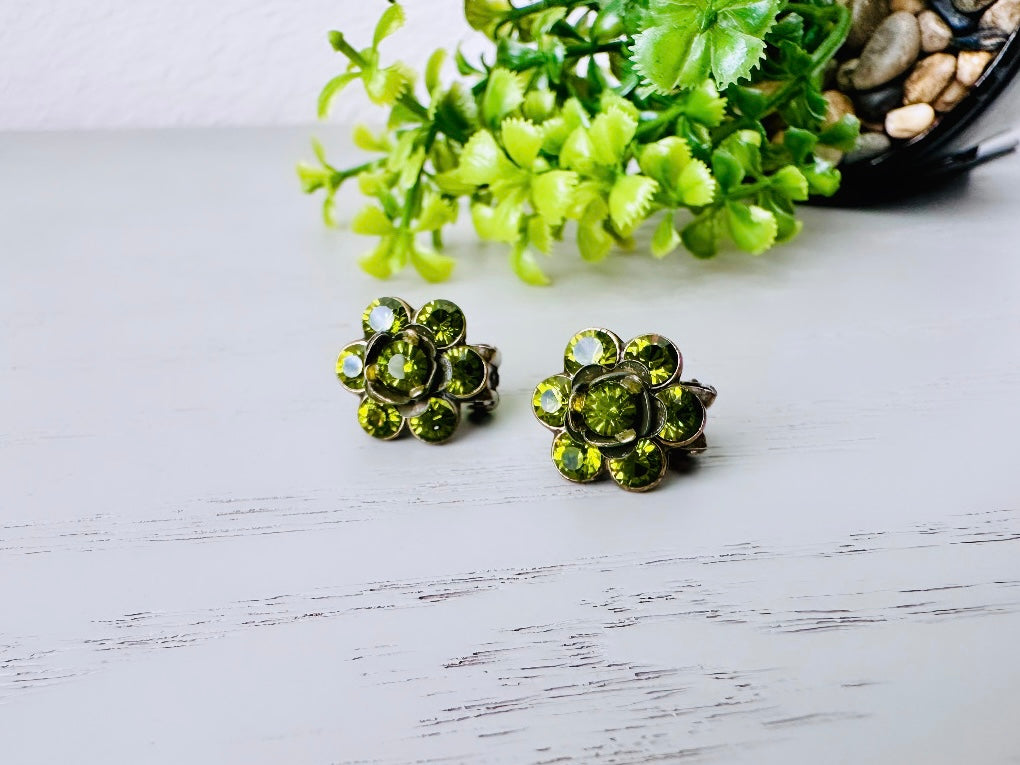 Dainty Green Vintage Rhinestone Earrings, 1960's Olivine Crystal Clip On Earrings, Antique Bronze Setting, Understated Elegant True Vintage