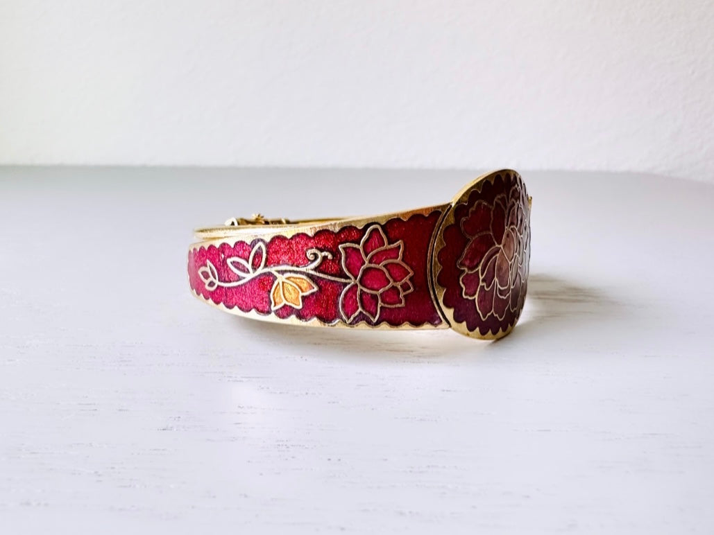 Vintage Cloisonne Bracelet, Berry Red, Magenta and Gold Clamper Bracelet, VTG Hinged Gold Bracelet, Embossed Floral Flower Design