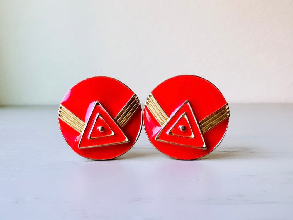 Red and Gold Retro Earrings, 1980s Vintage Earrings, Geometric Red Enamel Clip On Earrings, Funky Fun 80s Round Earrings