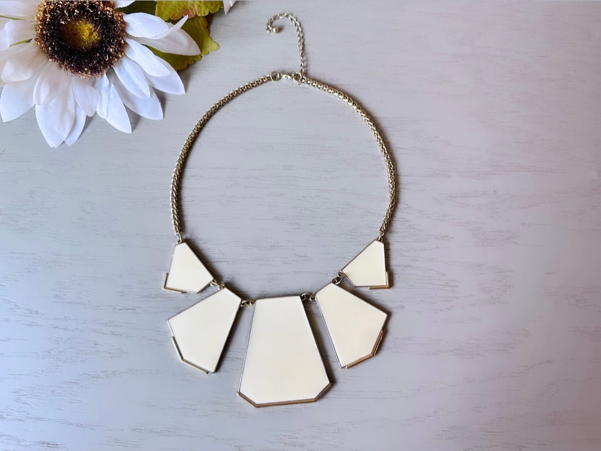 Funky Vintage Necklace, Cream Enamel and Gold Geometric Articulated Bib Necklace, Retro 1970s Fashion Jewelry, Cool Vintage Necklace