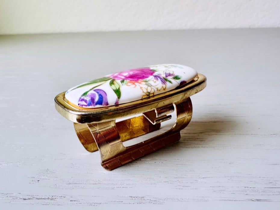 Vintage Lipstick Mirror, Vintage 1950s Japanese Cosmetic Case, Porcelain Floral Pink Roses Mirror, Vtg 50s Flower Makeup Mirror
