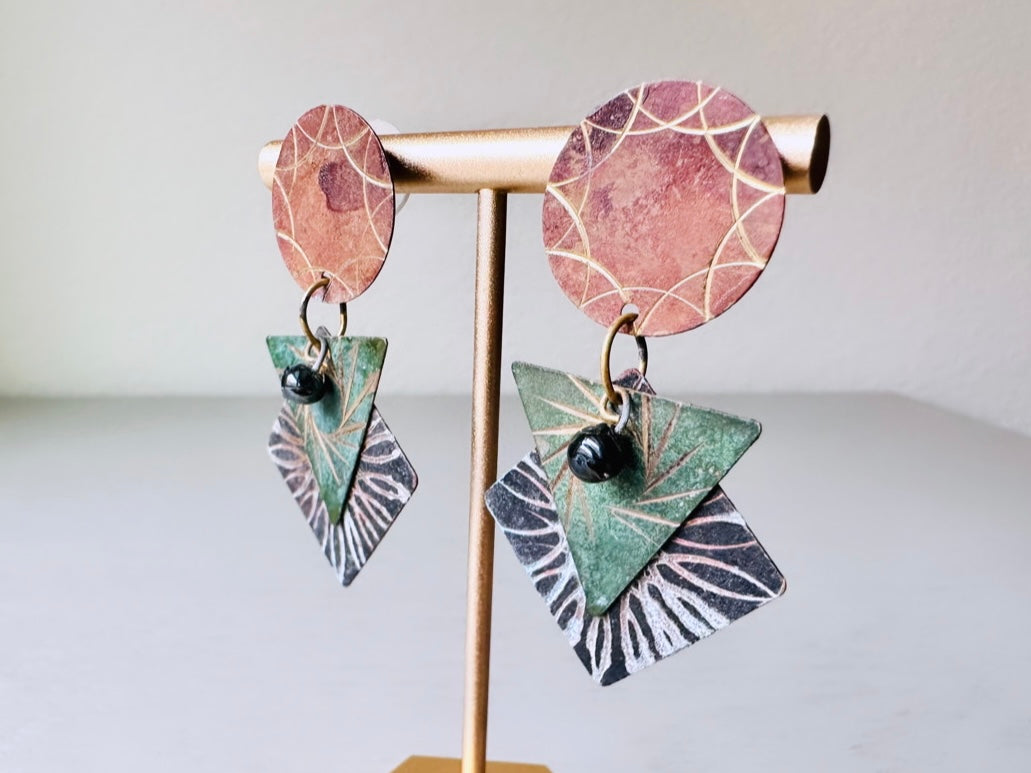 Vintage 1980s Distressed Geometric Earrings, Hammered Circle, Triangle Pierced Post Earrings, Unique Statement Earrings, Earth Tone Neutrals