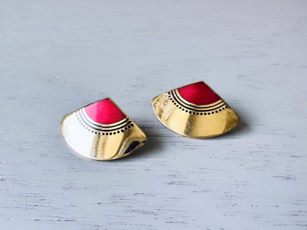 Vintage Laurel Burch Fuji Fan Earrings, Gold Fan Studs with Red & Black Enamel, Vintage 1980s Laurel Burch Fan Pierced Earrings