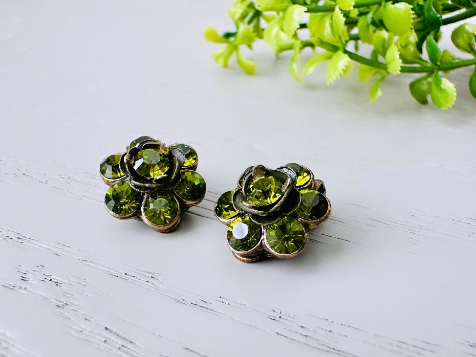 Dainty Green Vintage Rhinestone Earrings, 1960's Olivine Crystal Clip On Earrings, Antique Bronze Setting, Understated Elegant True Vintage