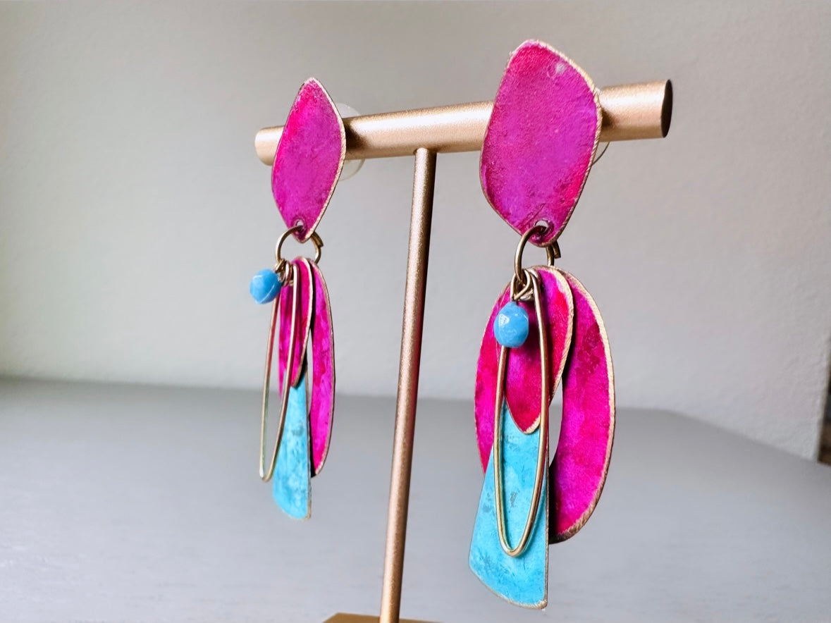 Magenta and Blue Vintage 1980s Distressed Geometric Earrings, Pierced Post Earrings, Unique Statement Earrings, Hot Pink Sky Blue