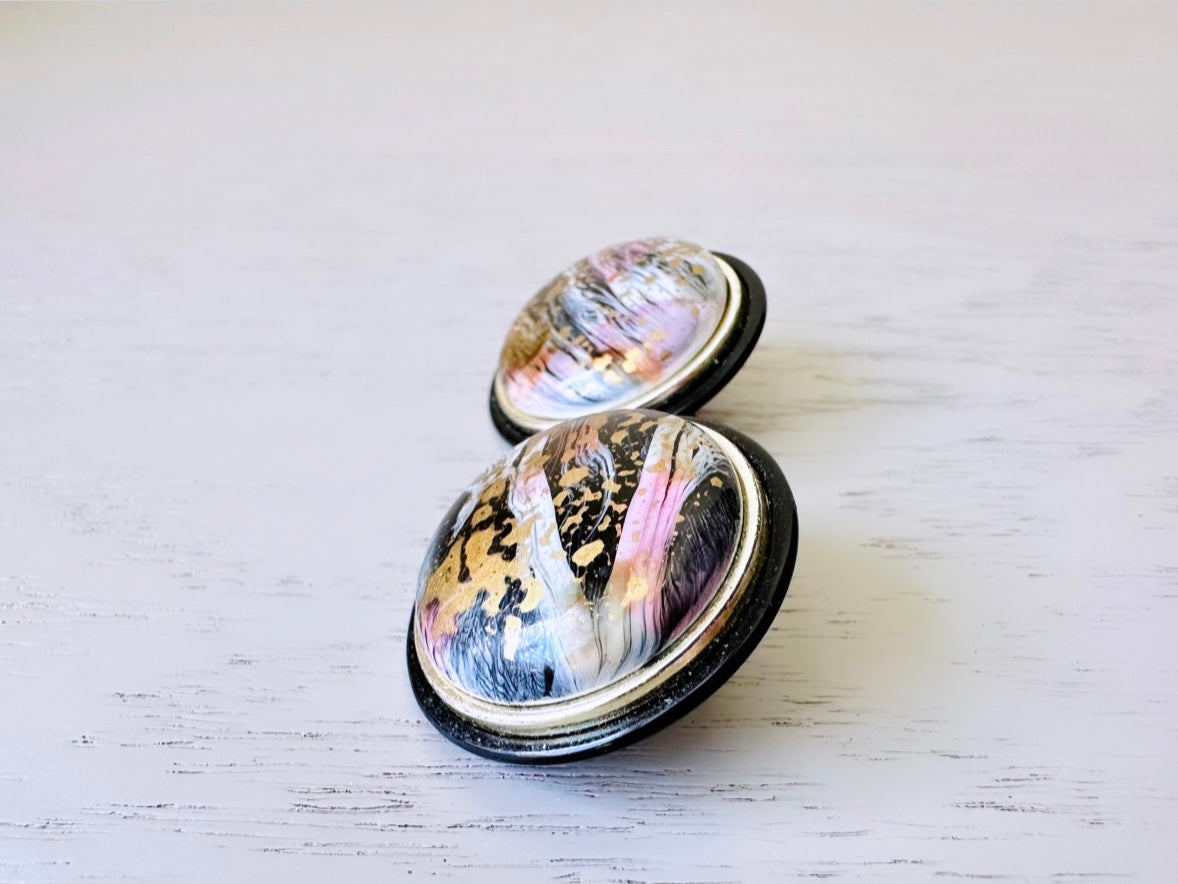 1980's Paint Splatter Earrings, Retro Cool Vintage Earrings, Unique Black Colorful Metallic Clip-On Statement Earrings