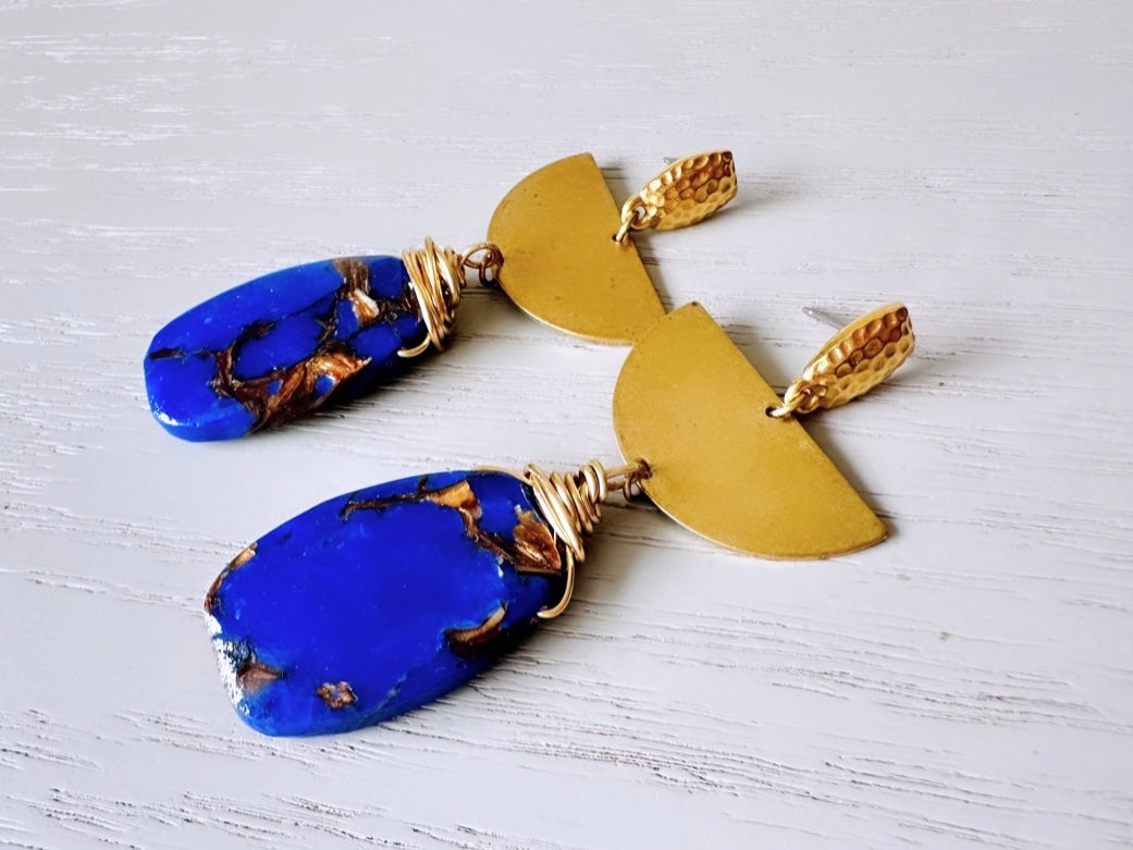 Lapis Lazuli Earrings, Handmade Wire Wrapped Gemstone + Raw Brass Earrings, Geometric Crescent Moon Jewelry, Blue Gemstone Bohemian Earring