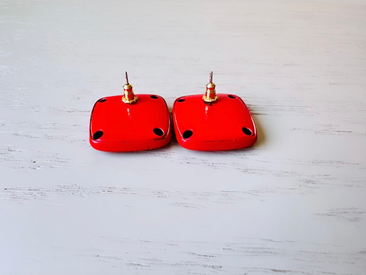 Bright Red Vintage 1980's Stud Earrings, Square Geometric Opaque Enamel Earrings, Vintage Fire Engine Red Pierced Post Earrings