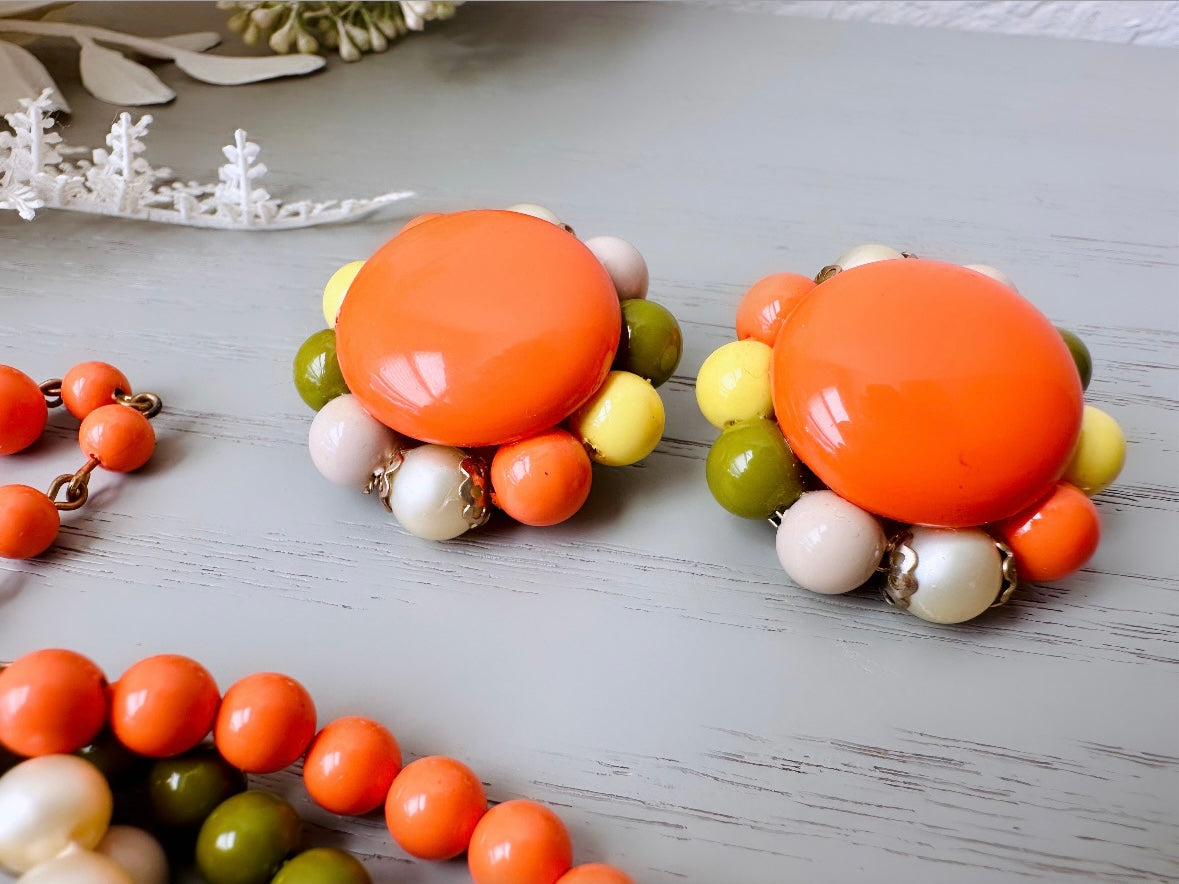 1970s Vintage Necklace & Earring Set, Sunny Yellow, Orange, Avocado Green Retro 70s Five Strand Beaded Necklace with Matching Big Earrings, Authentic Vintage at Piggle and Pop