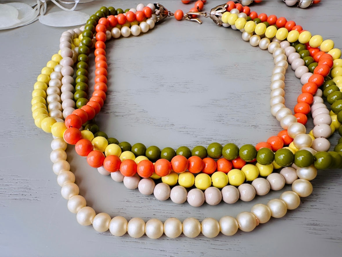 1970s Vintage Necklace & Earring Set, Sunny Yellow, Orange, Avocado Green Retro 70s Five Strand Beaded Necklace with Matching Big Earrings, Authentic Vintage at Piggle and Pop