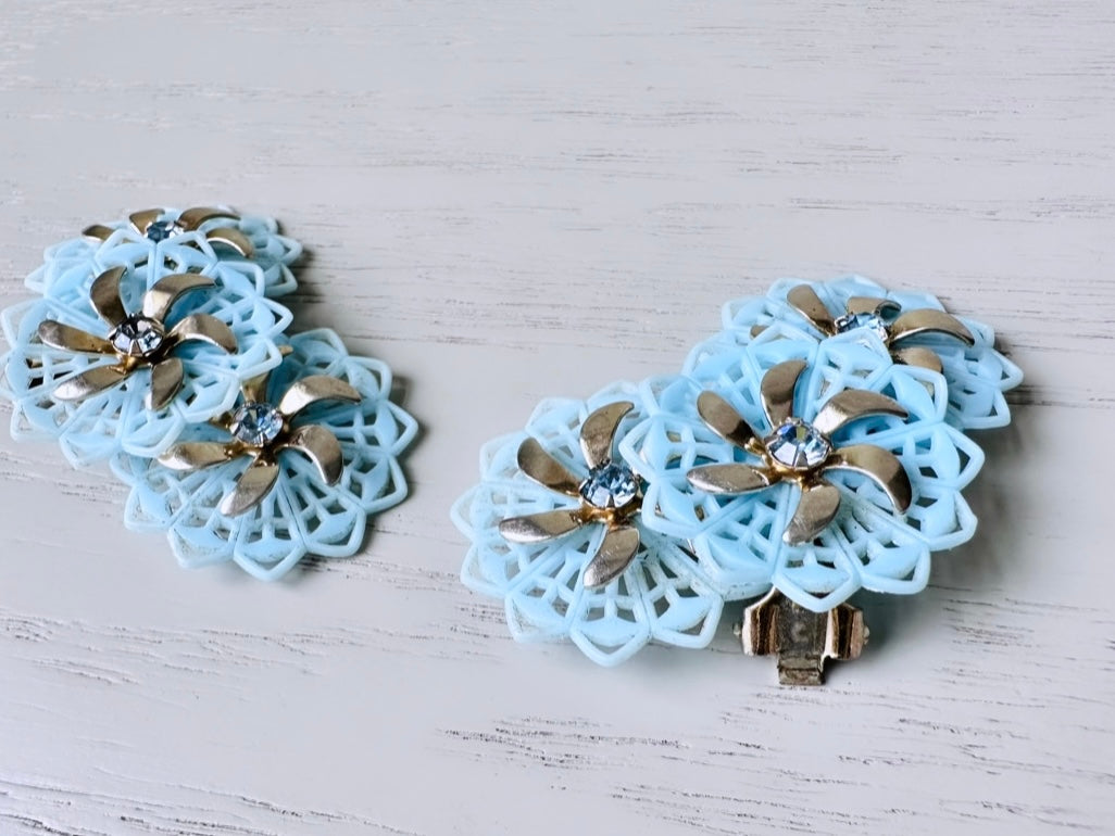 Vintage Blue Celluloid Climber Earrings, Light Blue Plastic Flower Earring with Rhinestone Accents, Dramatic Floral Vintage Clip On Earrings
