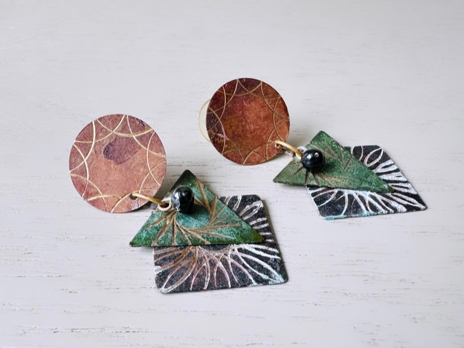 Vintage 1980s Distressed Geometric Earrings, Hammered Circle, Triangle Pierced Post Earrings, Unique Statement Earrings, Earth Tone Neutrals