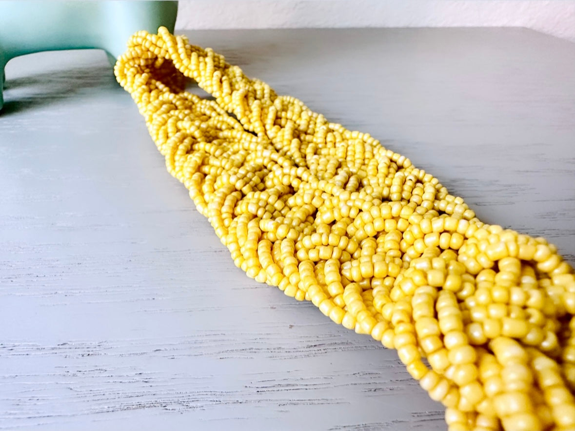 Bright Yellow Vintage Seed Bead Necklace, Yellow Statement Necklace, Braided Bead Necklace, Beaded Bib Necklace, Sunny Yellow Braid Necklace