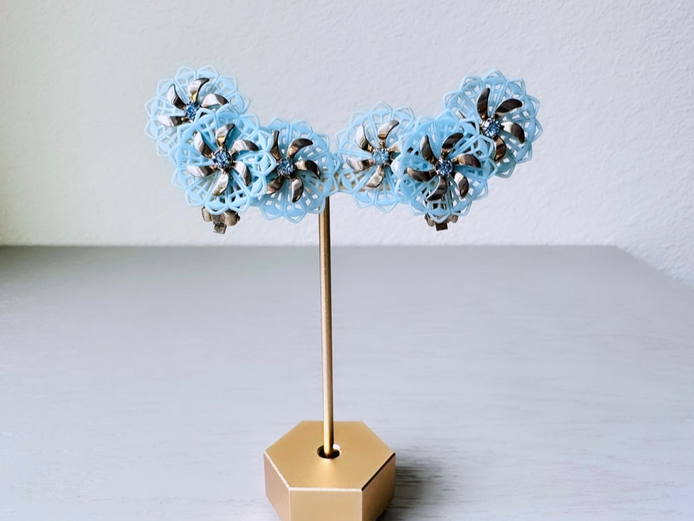 Vintage Blue Celluloid Climber Earrings, Light Blue Plastic Flower Earring with Rhinestone Accents, Dramatic Floral Vintage Clip On Earrings
