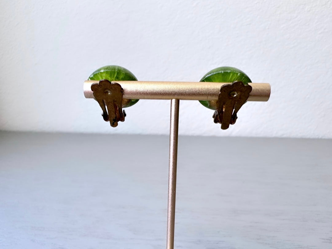 Green Dragon Eye Earrings, Moonglow Green Earrings, Unique Vintage Earrings Clip On Statement Earrings, Small Vintage Earrings