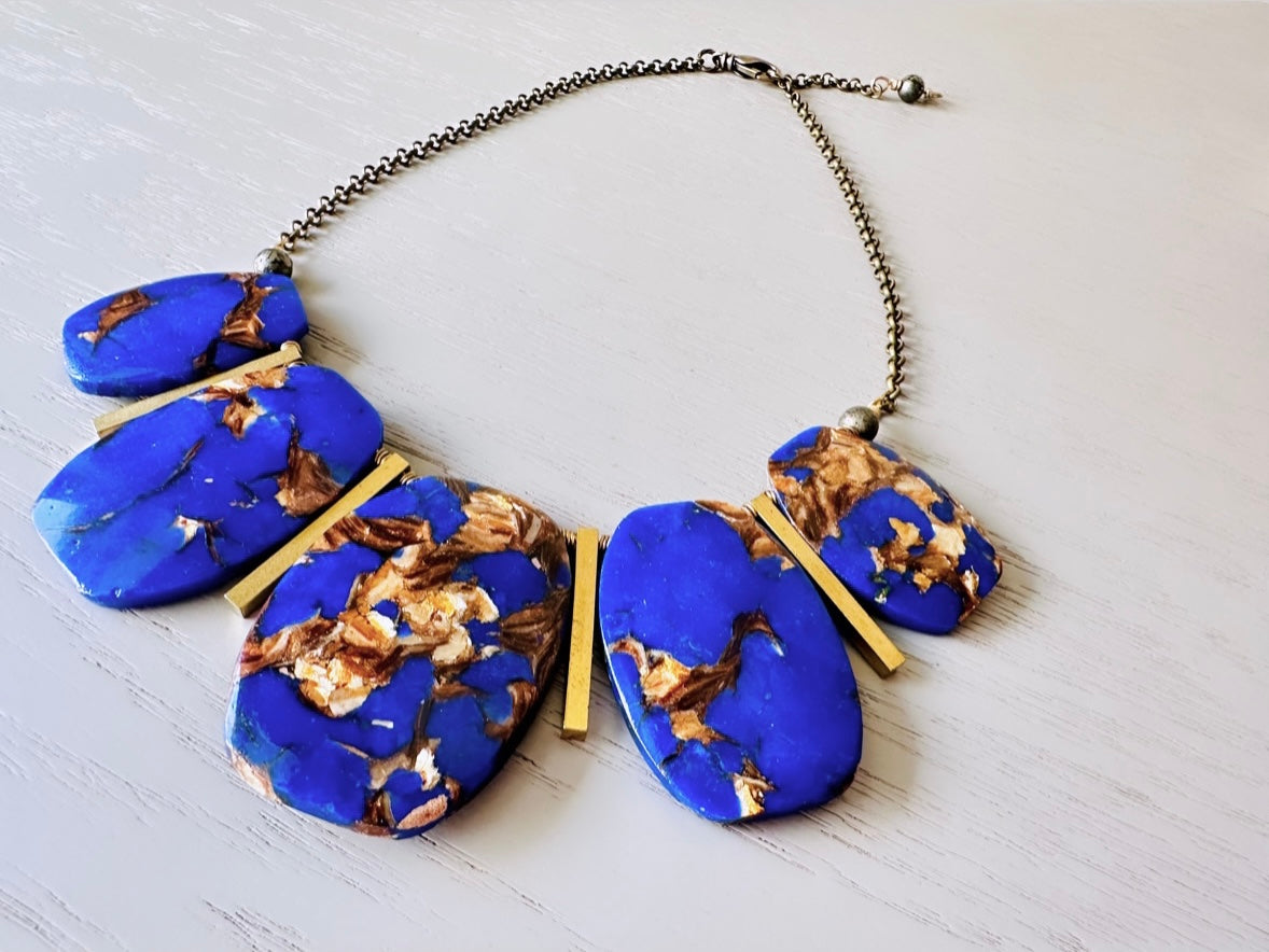 Lapis Lazuli Necklace, Handmade Wire Wrapped Gemstone + Raw Brass Necklace, Oversized Statement Choker, Blue Gemstone and Pyrite Necklace