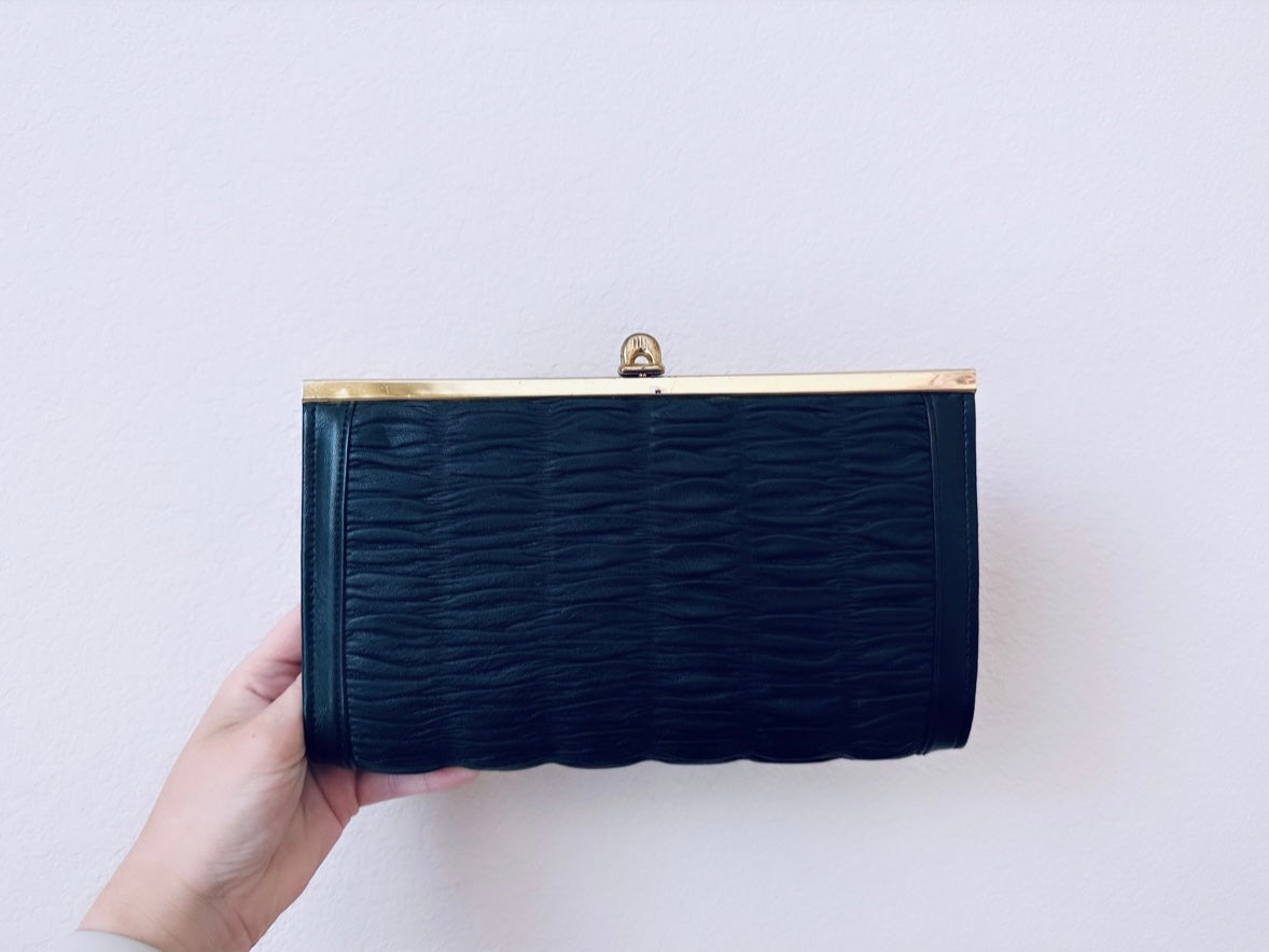 Vintage Black Clutch Handbag, Black Ruched Faux Leather Purse, Retro Mid Century Mod Bag, Black and Gold Chic Evening Purse