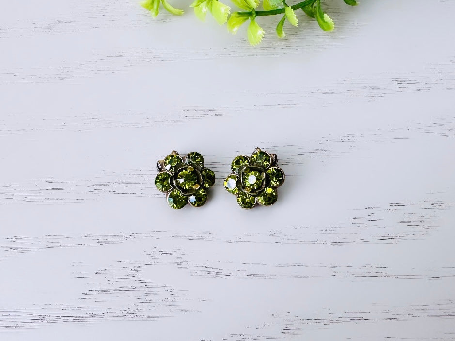 Dainty Green Vintage Rhinestone Earrings, 1960's Olivine Crystal Clip On Earrings, Antique Bronze Setting, Understated Elegant True Vintage