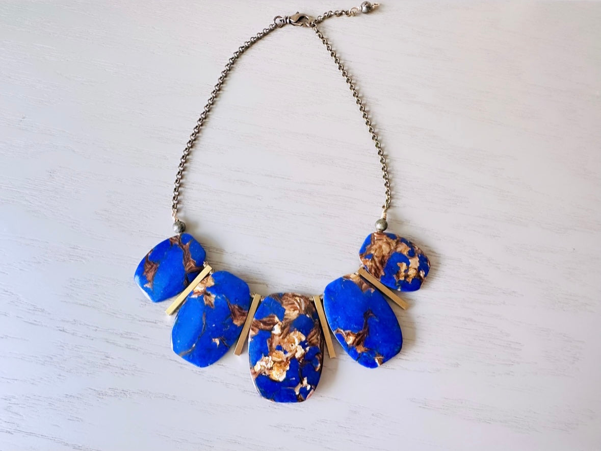 Lapis Lazuli Necklace, Handmade Wire Wrapped Gemstone + Raw Brass Necklace, Oversized Statement Choker, Blue Gemstone and Pyrite Necklace