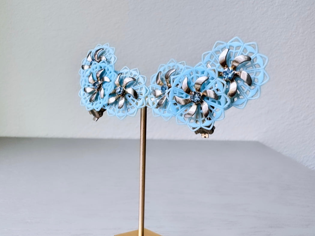 Vintage Blue Celluloid Climber Earrings, Light Blue Plastic Flower Earring with Rhinestone Accents, Dramatic Floral Vintage Clip On Earrings