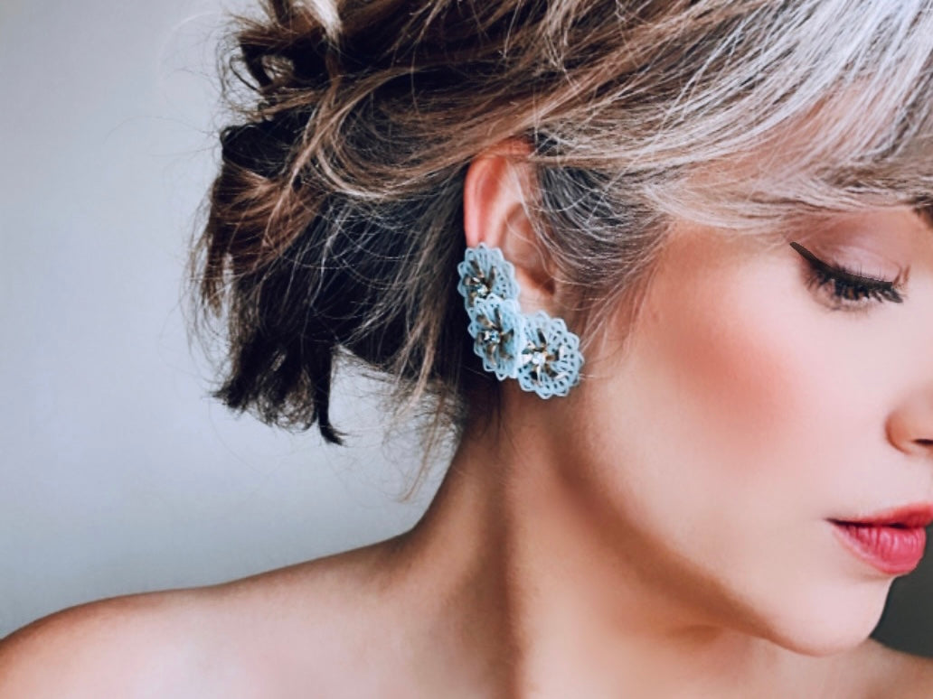 Vintage Blue Celluloid Climber Earrings, Light Blue Plastic Flower Earring with Rhinestone Accents, Dramatic Floral Vintage Clip On Earrings