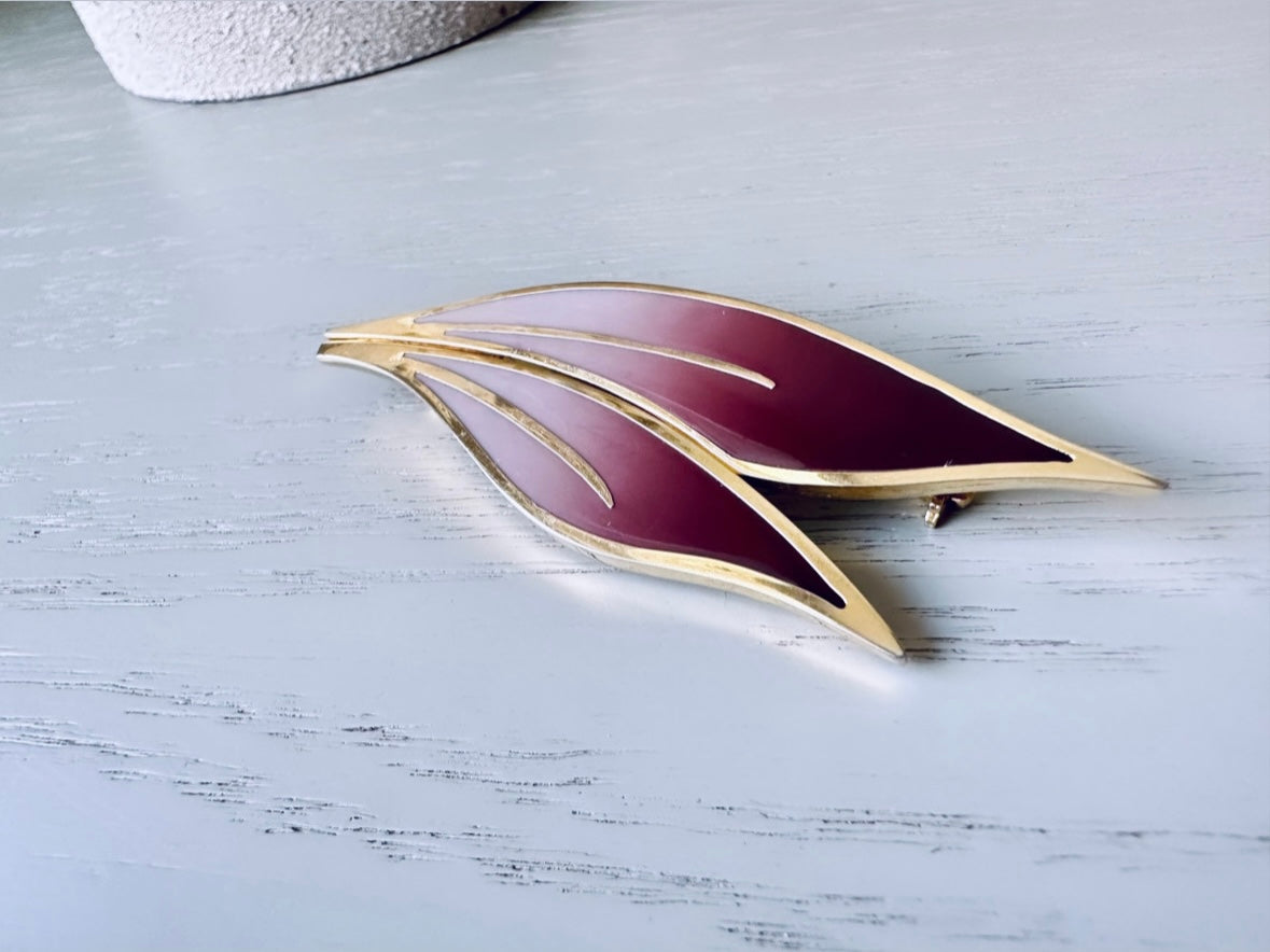 Plum Leaf Brooch, Vintage Fall Accessories, Boho Autumn Brooch, Deep Purple Cream and Antique Gold Pin, Rustic Woodland Accessories