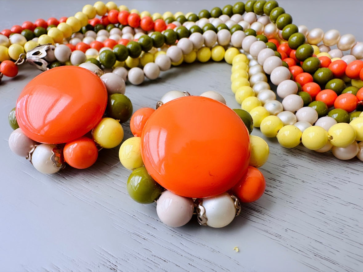 1970s Vintage Necklace & Earring Set, Sunny Yellow, Orange, Avocado Green Retro 70s Five Strand Beaded Necklace with Matching Big Earrings, Authentic Vintage at Piggle and Pop